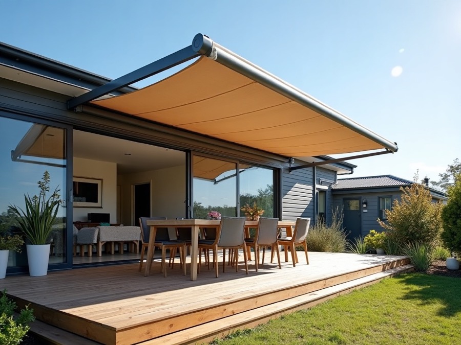 Motorised folding-arm awning shading a New Zealand deck.