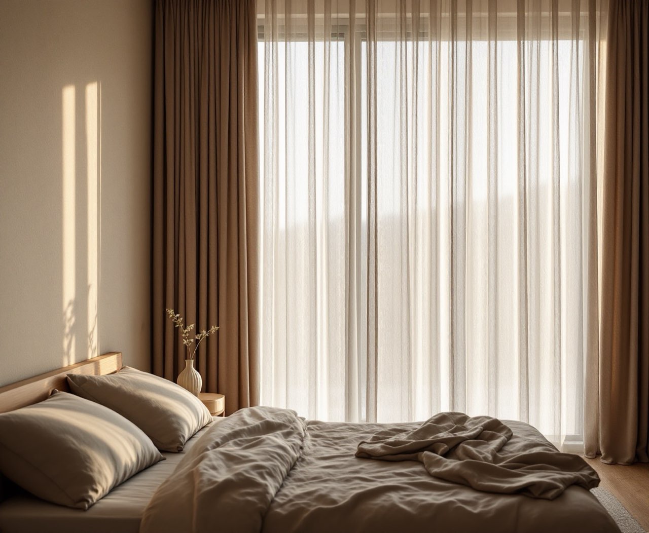 Calm New Zealand bedroom layered with sheer curtains.