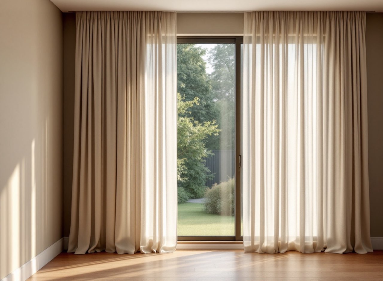 Floor-to-ceiling sheer curtains framing a sliding-door window in an Auckland home.