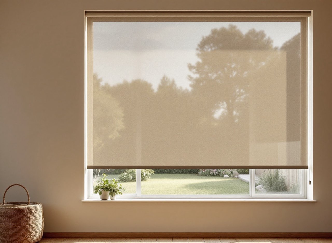 Oatmeal sunscreen roller blind covering a wide window, garden softly visible through the mesh.