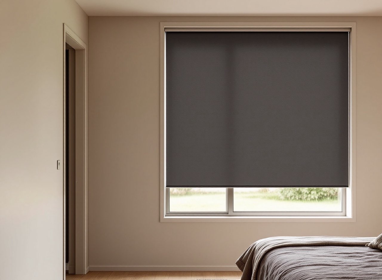 Charcoal blockout roller blind in an Auckland bedroom, room dim and restful.