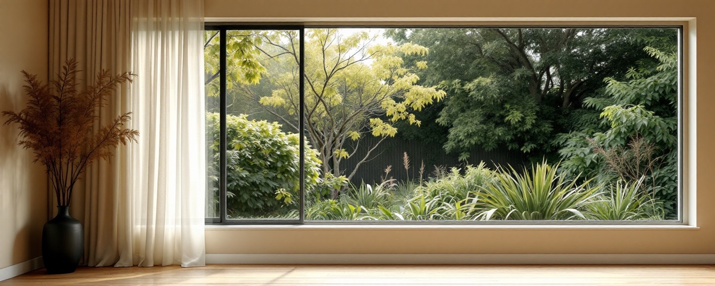 A wide window looking onto NZ native foliage from inside an Auckland home.