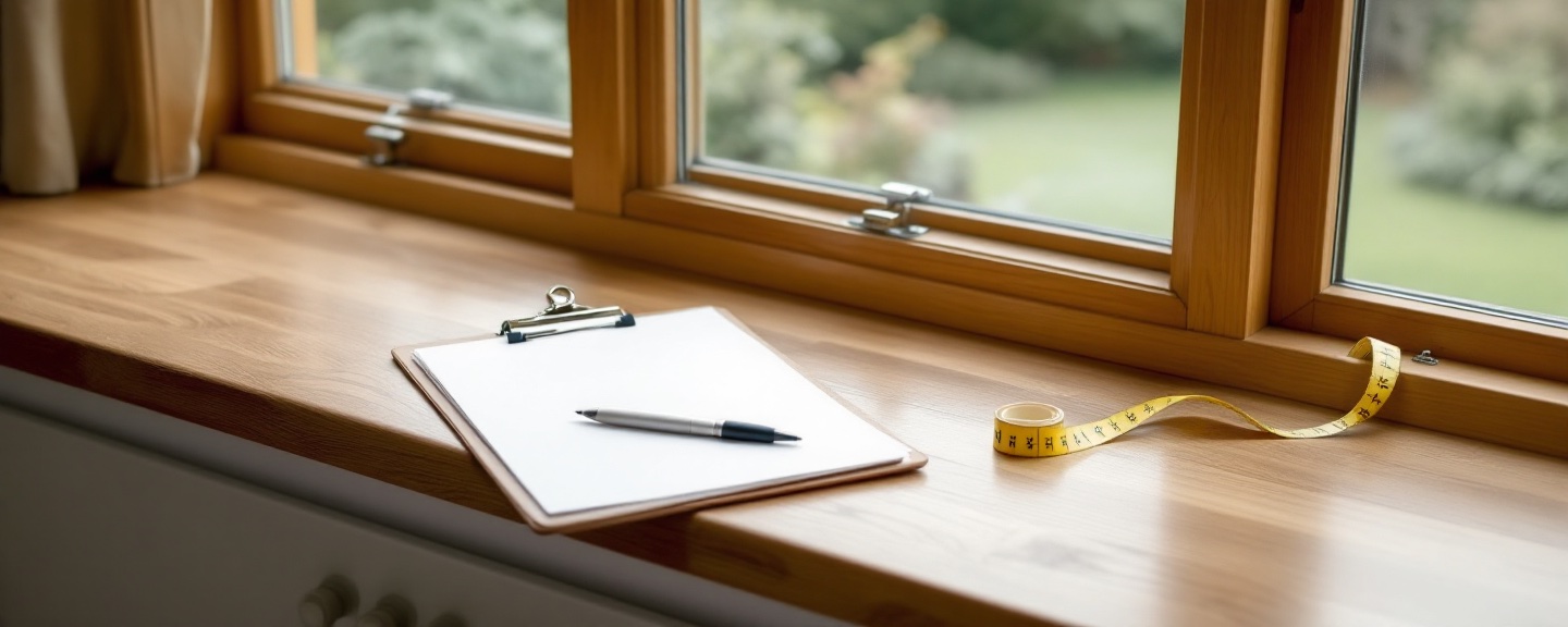 A clipboard, pen and fabric swatch on a wide windowsill, suggesting a clear handover.